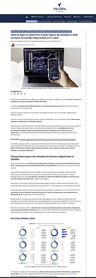 Venta de Argos en Summit fue el mejor negocio de Colombia en 2024; as fueron las movidas empresariales en A. Latina